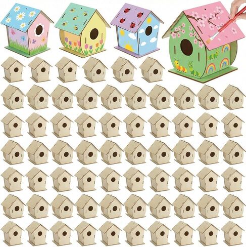60 Pcs Wooden Bird Houses Bulk for Kids Unfinished Wood Birdhouses for Children Wood Craft Project Kits for DIY Wooden Arts and Crafts for Valentines Crafts in Saudi Arabia