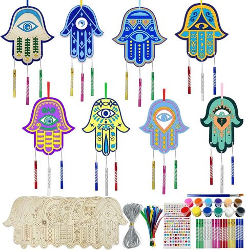 JEKEJIAJIU 24 Sets Hamsa Hand Wind Chime Kit for Kids Make You Own Hamsa Hand Craft DIY Coloring Wooden Hamsa Hand Art and Craft for Kids Gifts School Home and Party Supplies in Saudi Arabia