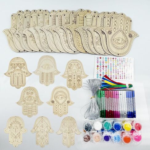 JEKEJIAJIU 24 Sets Hamsa Hand Wind Chime Kit for Kids Make You Own Hamsa Hand Craft DIY Coloring Wooden Hamsa Hand Art and Craft for Kids Gifts School Home and Party Supplies in Saudi Arabia