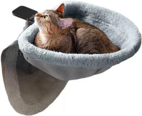 Cat Desk Bed-Extra-Large Clamp & Sunken Hammock Design,Soft Faux Rabbit Fur Material,One-Click Folding,Suitable for Various Desktops, Holds Up to 40lbs(Gray in Saudi Arabia