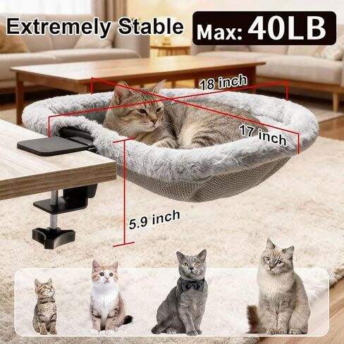 Cat Desk Bed-Extra-Large Clamp & Sunken Hammock Design,Soft Faux Rabbit Fur Material,One-Click Folding,Suitable for Various Desktops, Holds Up to 40lbs(Gray in Saudi Arabia