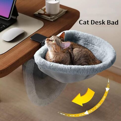 Cat Desk Bed-Extra-Large Clamp & Sunken Hammock Design,Soft Faux Rabbit Fur Material,One-Click Folding,Suitable for Various Desktops, Holds Up to 40lbs(Gray in Saudi Arabia