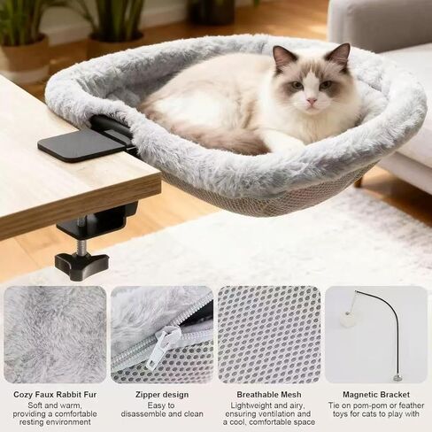 Cat Desk Bed-Extra-Large Clamp & Sunken Hammock Design,Soft Faux Rabbit Fur Material,One-Click Folding,Suitable for Various Desktops, Holds Up to 40lbs(Gray in Saudi Arabia