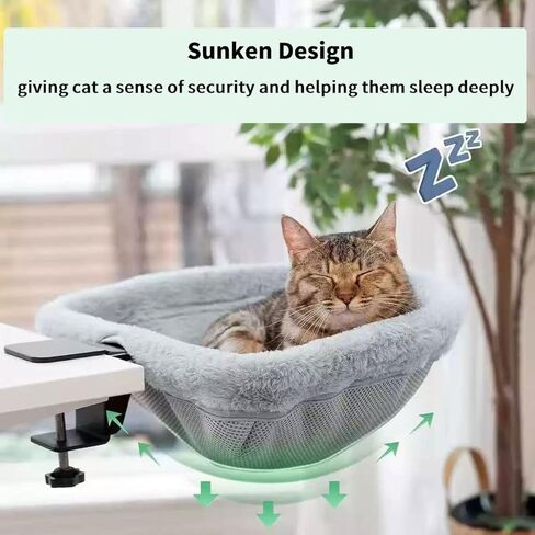Cat Desk Bed-Extra-Large Clamp & Sunken Hammock Design,Soft Faux Rabbit Fur Material,One-Click Folding,Suitable for Various Desktops, Holds Up to 40lbs(Gray in Saudi Arabia