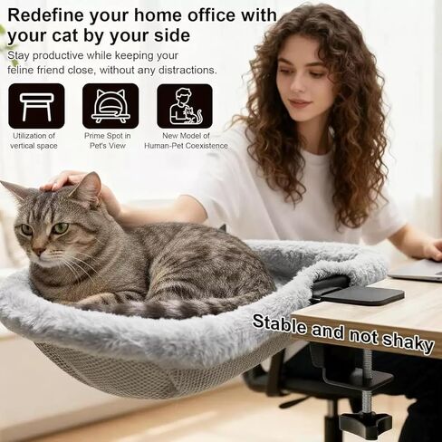 Cat Desk Bed-Extra-Large Clamp & Sunken Hammock Design,Soft Faux Rabbit Fur Material,One-Click Folding,Suitable for Various Desktops, Holds Up to 40lbs(Gray in Saudi Arabia