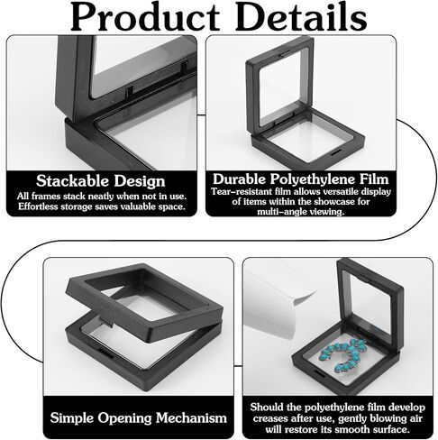60 قطعة حافظة عرض عائمة ثلاثية الأبعاد، 2.8 × 2.8 × 0.8 بوصة طبقة شفافة ثلاثية الأبعاد حامل إطار عرض العملات المعدنية العائمة تقف للعملات المعدنية والمجوهرات والأصداف والأحجار الكريمة والصخور والحفريات والعينات، أسود in Kuwait