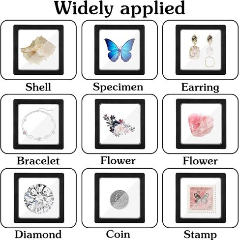 60 قطعة حافظة عرض عائمة ثلاثية الأبعاد، 2.8 × 2.8 × 0.8 بوصة طبقة شفافة ثلاثية الأبعاد حامل إطار عرض العملات المعدنية العائمة تقف للعملات المعدنية والمجوهرات والأصداف والأحجار الكريمة والصخور والحفريات والعينات، أسود in Kuwait