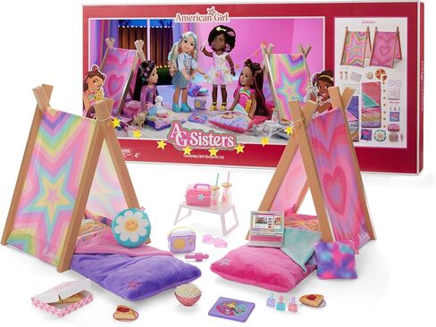 American Girl, AG Sisters Glamping Girls Sleepover Set، مجموعة لعب الدمى، للدمى مقاس 14.5 بوصة، 28 قطعة، للأعمار من 4 سنوات فما فوق in Kuwait