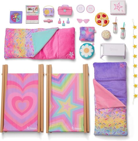 American Girl, AG Sisters Glamping Girls Sleepover Set، مجموعة لعب الدمى، للدمى مقاس 14.5 بوصة، 28 قطعة، للأعمار من 4 سنوات فما فوق in Kuwait