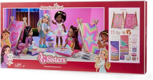American Girl, AG Sisters Glamping Girls Sleepover Set، مجموعة لعب الدمى، للدمى مقاس 14.5 بوصة، 28 قطعة، للأعمار من 4 سنوات فما فوق in Kuwait