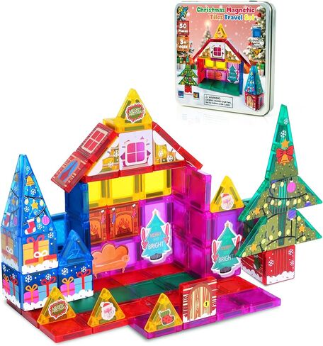 Enjoyjoy Mini Magnetic Tiles - 50PCS Travel Magnetic Tiles Set with Metal Case Portable STEM Toys for Kids Magnet Building Blocks Ages 3+ Boys and Girls Valentines Day Gifts for Kids in Saudi Arabia