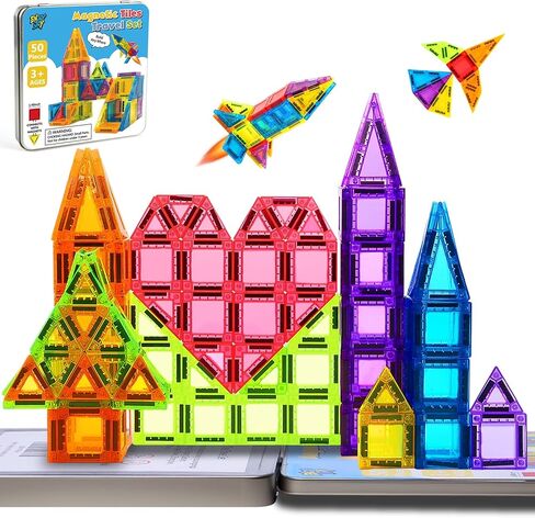Enjoyjoy Mini Magnetic Tiles - 50PCS Travel Magnetic Tiles Set with Metal Case Portable STEM Toys for Kids Magnet Building Blocks Ages 3+ Boys and Girls Valentines Day Gifts for Kids in Saudi Arabia