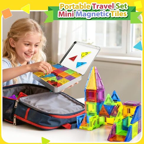 Enjoyjoy Mini Magnetic Tiles - 50PCS Travel Magnetic Tiles Set with Metal Case Portable STEM Toys for Kids Magnet Building Blocks Ages 3+ Boys and Girls Valentines Day Gifts for Kids in Saudi Arabia