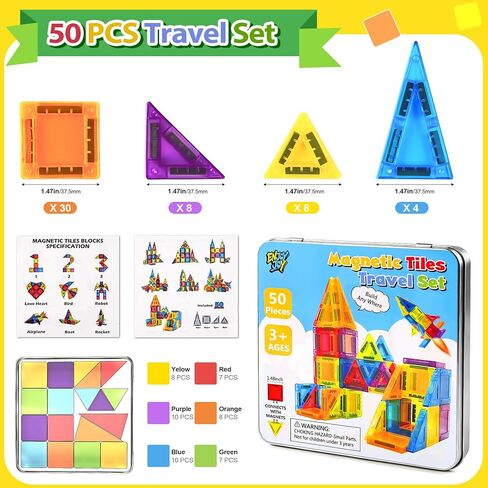Enjoyjoy Mini Magnetic Tiles - 50PCS Travel Magnetic Tiles Set with Metal Case Portable STEM Toys for Kids Magnet Building Blocks Ages 3+ Boys and Girls Valentines Day Gifts for Kids in Saudi Arabia