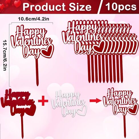 10PCS Happy Valentines Day Cake Toppers Red Valentines Heart Cupcake Toppers for Valentine's Day Birthday Wedding Anniversary Engagement Party Cake Decoration Supplies in Saudi Arabia