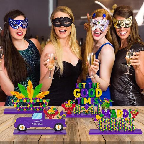 لافتات زخرفية من Haooryx Mardi Gras، 4 قطع من القطع المركزية الخشبية، أغطية طاولات بطابع الكرنفال من أجل هدايا حفلات نيو أورليانز، ديكورات الحفلات التنكرية in Kuwait