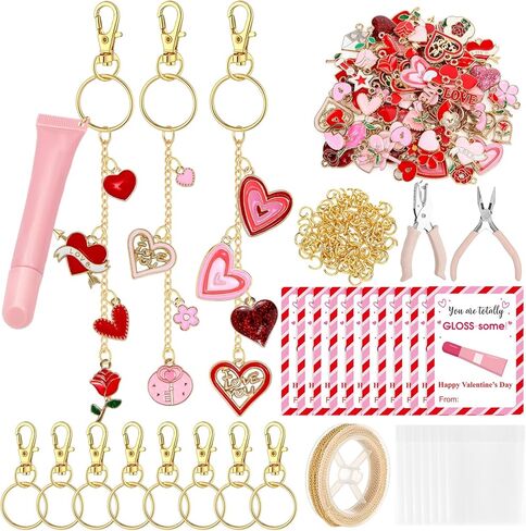 Tondiamo 300 Pcs Valentines Lip Gloss Keychain Making Kit 100 Pink Enamel Charms 32.81 ft Gold Chains 24 Greeting Cards for Galentines Valentine Gifts DIY Crafts Party Favor in Saudi Arabia