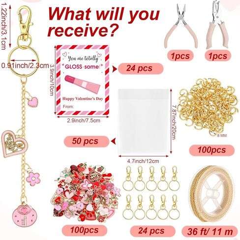 Tondiamo 300 Pcs Valentines Lip Gloss Keychain Making Kit 100 Pink Enamel Charms 32.81 ft Gold Chains 24 Greeting Cards for Galentines Valentine Gifts DIY Crafts Party Favor in Saudi Arabia