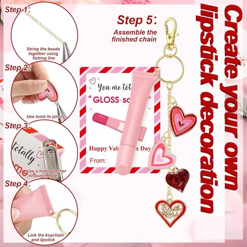 Tondiamo 300 Pcs Valentines Lip Gloss Keychain Making Kit 100 Pink Enamel Charms 32.81 ft Gold Chains 24 Greeting Cards for Galentines Valentine Gifts DIY Crafts Party Favor in Saudi Arabia