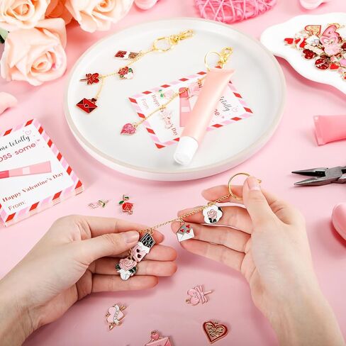 Tondiamo 300 Pcs Valentines Lip Gloss Keychain Making Kit 100 Pink Enamel Charms 32.81 ft Gold Chains 24 Greeting Cards for Galentines Valentine Gifts DIY Crafts Party Favor in Saudi Arabia