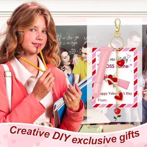 Tondiamo 300 Pcs Valentines Lip Gloss Keychain Making Kit 100 Pink Enamel Charms 32.81 ft Gold Chains 24 Greeting Cards for Galentines Valentine Gifts DIY Crafts Party Favor in Saudi Arabia