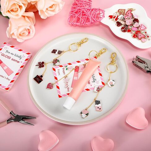 Tondiamo 300 Pcs Valentines Lip Gloss Keychain Making Kit 100 Pink Enamel Charms 32.81 ft Gold Chains 24 Greeting Cards for Galentines Valentine Gifts DIY Crafts Party Favor in Saudi Arabia
