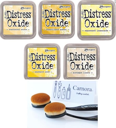 Tim Holtz Ranger Distress Oxide Ink, 5 Shades of Yellow, Scattered Straw, Fossilized Amber, Squeezed Lemonade, Mustard Seed, Antique Linen, 5 Inks Total, 2 Carnora Ink Blending Brushes, 7 Item Bundle in Saudi Arabia