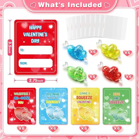 Valentines Day Gifts Cards for Kids, 24 Pack Heart Stress Balls with Greeting Cards, Stretchy Toy Balls Bulk Gift for Kids Classroom Exchange Prizes, Squeeze Fidget Toys for Party Favor in Saudi Arabia