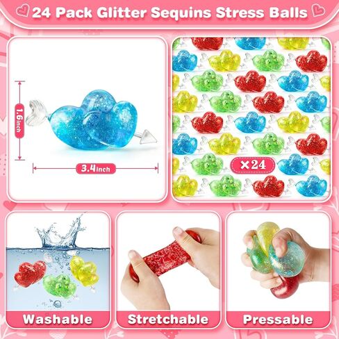 Valentines Day Gifts Cards for Kids, 24 Pack Heart Stress Balls with Greeting Cards, Stretchy Toy Balls Bulk Gift for Kids Classroom Exchange Prizes, Squeeze Fidget Toys for Party Favor in Saudi Arabia