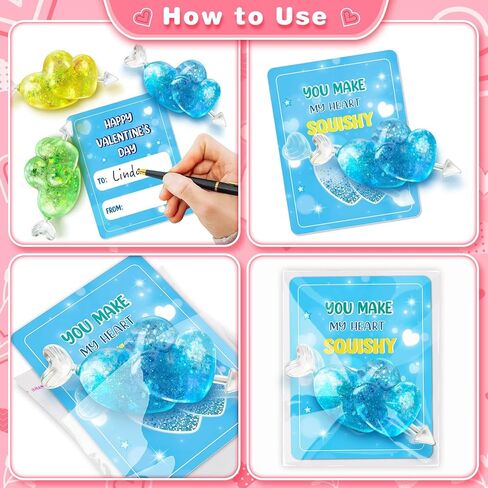 Valentines Day Gifts Cards for Kids, 24 Pack Heart Stress Balls with Greeting Cards, Stretchy Toy Balls Bulk Gift for Kids Classroom Exchange Prizes, Squeeze Fidget Toys for Party Favor in Saudi Arabia