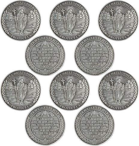Misdary 10 Pcs St Christopher Pocket Coin Sliver Saint Christopher Traveler Protection Guardian Medallion Patron Saint of Travelers Religious Challenge Coin Token for Safe Journeys and Blessings in Saudi Arabia