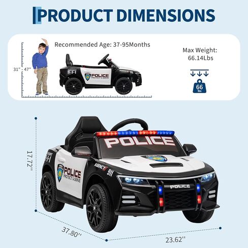 12V Police Car Ride on Toys, Ride on Electric Car for Kids to Drive, Battery Powered, Remote Control, Emergency Alert Tones, Megaphone, Flashing Lights, Music, Spring Suspension, Birthday & Xmas Gifts in Saudi Arabia