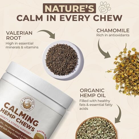 Calming Chews for Dogs Anxiety Relief – Hemp Oil Treats with Valerian Root & Chamomile – Natural Stress Support for Separation – 120 Soft Chews (Bacon Flavor) in Saudi Arabia