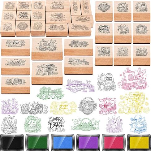 Marspark 22 Pcs Easter Wooden Rubber Stamps and Craft Ink Pads Set Mixed Easter DIY Cards Wooden Rubber Stamps for Party Scrapbooking Cards Making Supplies Gift Craft Decor in Kuwait