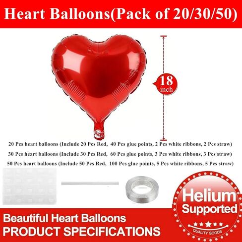 20Pcs Red Heart Balloons 18 inch Foil Heart Shaped Balloons Large Valentines Balloons Helium Support for Valentines Day Wedding Bridal Showers Engagement Anniversary Valentine's Day Decorations in Saudi Arabia
