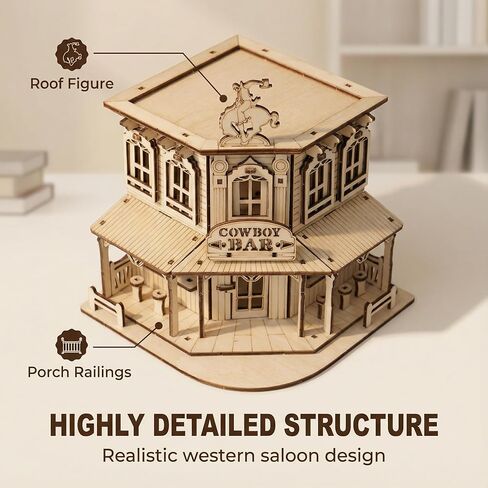 DIY 3D Wooden Puzzles for Adults,Book Nook kit Miniature Dollhouse Kits, Western Cowboy Bar Saloon Building Set, Architecture Wood Assembly Model Creative Gift for Teens in Saudi Arabia