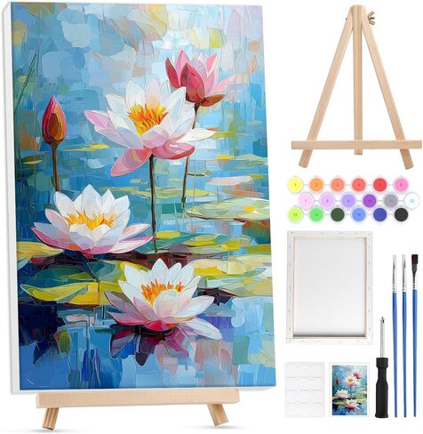 Bowetile Framed Paint by Numbers for Adults Beginners with Wooden Easel, Flowers Lotus Adults' Paint-by-Number Kits on Canvas, Easy DIY Acrylic Number Painting for Home Decor Birthday Gifts, 8x12in in Saudi Arabia