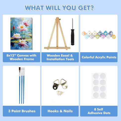 Bowetile Framed Paint by Numbers for Adults Beginners with Wooden Easel, Flowers Lotus Adults' Paint-by-Number Kits on Canvas, Easy DIY Acrylic Number Painting for Home Decor Birthday Gifts, 8x12in in Saudi Arabia