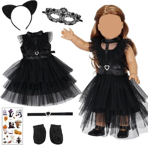 18 Inch Girl American Doll Clothes and Accessories 6 Pcs 18 Inch Doll Clothes Set Include Black Dress Socks Eye Mask Headband Neck Strap Sticker Halloween for Girls (No Doll) in Saudi Arabia