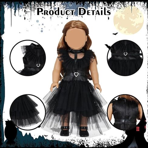 18 Inch Girl American Doll Clothes and Accessories 6 Pcs 18 Inch Doll Clothes Set Include Black Dress Socks Eye Mask Headband Neck Strap Sticker Halloween for Girls (No Doll) in Saudi Arabia