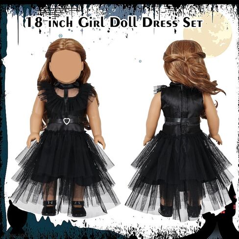 18 Inch Girl American Doll Clothes and Accessories 6 Pcs 18 Inch Doll Clothes Set Include Black Dress Socks Eye Mask Headband Neck Strap Sticker Halloween for Girls (No Doll) in Saudi Arabia