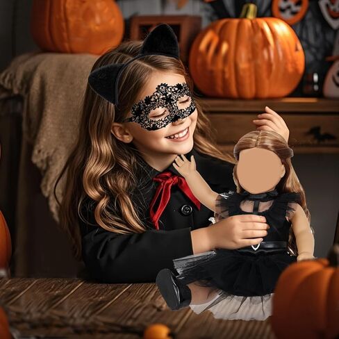 18 Inch Girl American Doll Clothes and Accessories 6 Pcs 18 Inch Doll Clothes Set Include Black Dress Socks Eye Mask Headband Neck Strap Sticker Halloween for Girls (No Doll) in Saudi Arabia