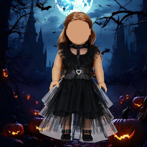 18 Inch Girl American Doll Clothes and Accessories 6 Pcs 18 Inch Doll Clothes Set Include Black Dress Socks Eye Mask Headband Neck Strap Sticker Halloween for Girls (No Doll) in Saudi Arabia