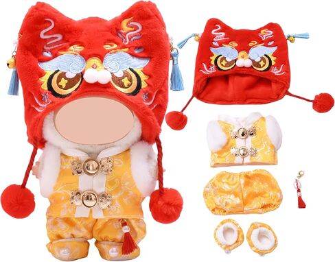 مجموعة ملابس دمية Lion Dance New Year مكونة من 5 قطع متوافقة مع شخصية Labubu مقاس 15 مقاس 17 سم زي احتفالي لطيف ومفصل (All_RED) in Kuwait