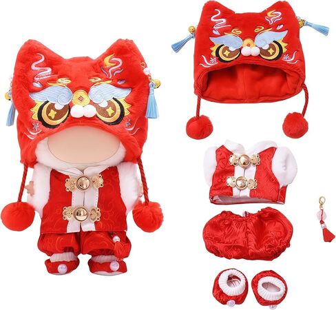 Lion Dance New Year 5 Piece Set Doll Clothing Compatible with Labubu 15 17cm Figure Festive Cute Detailed Costume (All_RED) in Saudi Arabia