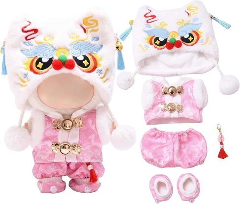 Lion Dance New Year 5 Piece Set Doll Clothing Compatible with Labubu 15 17cm Figure Festive Cute Detailed Costume (All_RED) in Saudi Arabia