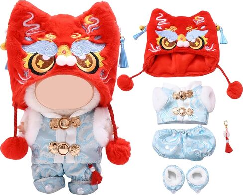 Lion Dance New Year 5 Piece Set Doll Clothing Compatible with Labubu 15 17cm Figure Festive Cute Detailed Costume (All_RED) in Saudi Arabia