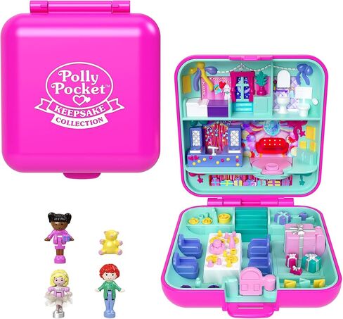 Polly Pocket Mattel 80th Anniversary Tribute Pencil Case Set with 3 Dolls, 1 Pet, a Skirt and Celebration Themed Furniture, JGK22 in Saudi Arabia