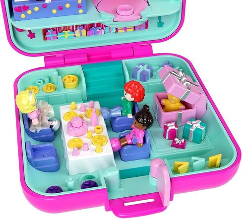 Polly Pocket Mattel 80th Anniversary Tribute Pencil Case Set with 3 Dolls, 1 Pet, a Skirt and Celebration Themed Furniture, JGK22 in Saudi Arabia
