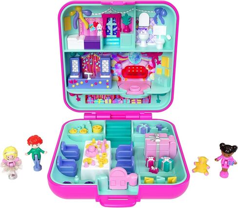 Polly Pocket Mattel 80th Anniversary Tribute Pencil Case Set with 3 Dolls, 1 Pet, a Skirt and Celebration Themed Furniture, JGK22 in Saudi Arabia